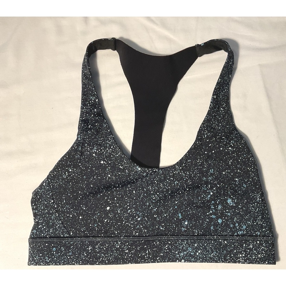 Lululemon Splatter Print Racerback Sports Bra Black Blue White Size 6